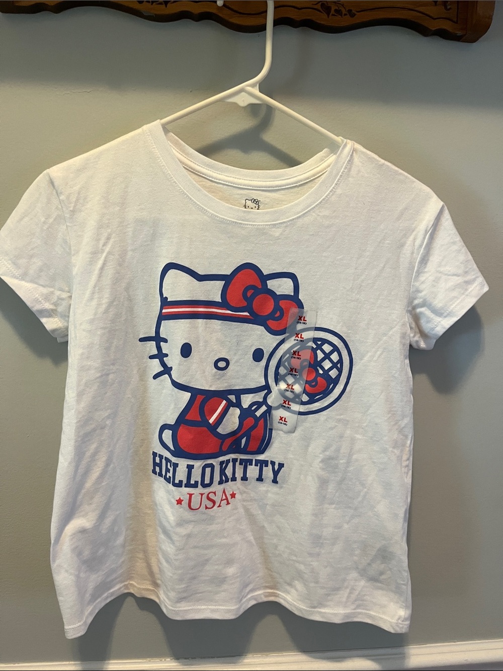 Hello Kitty White Tee with Red and Blue Tennis Graphic